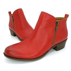 Lucky Brand Basel Boots Red Leather Ankle Booties Western Side Zip Women's 8M